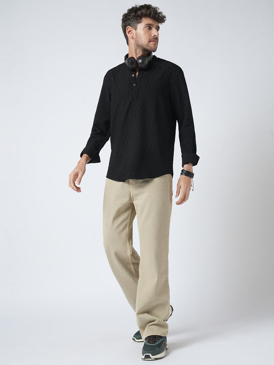 Black Self-Design Jacquard Kurta