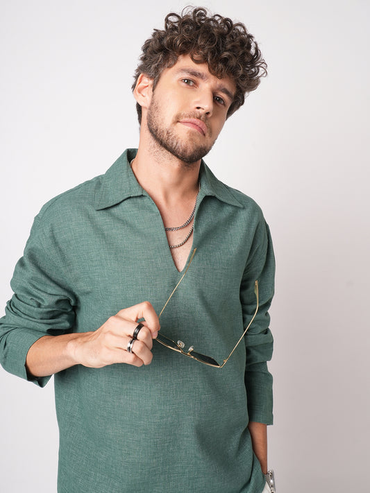 Emerald Green Chambray Oversized Polo Shirt