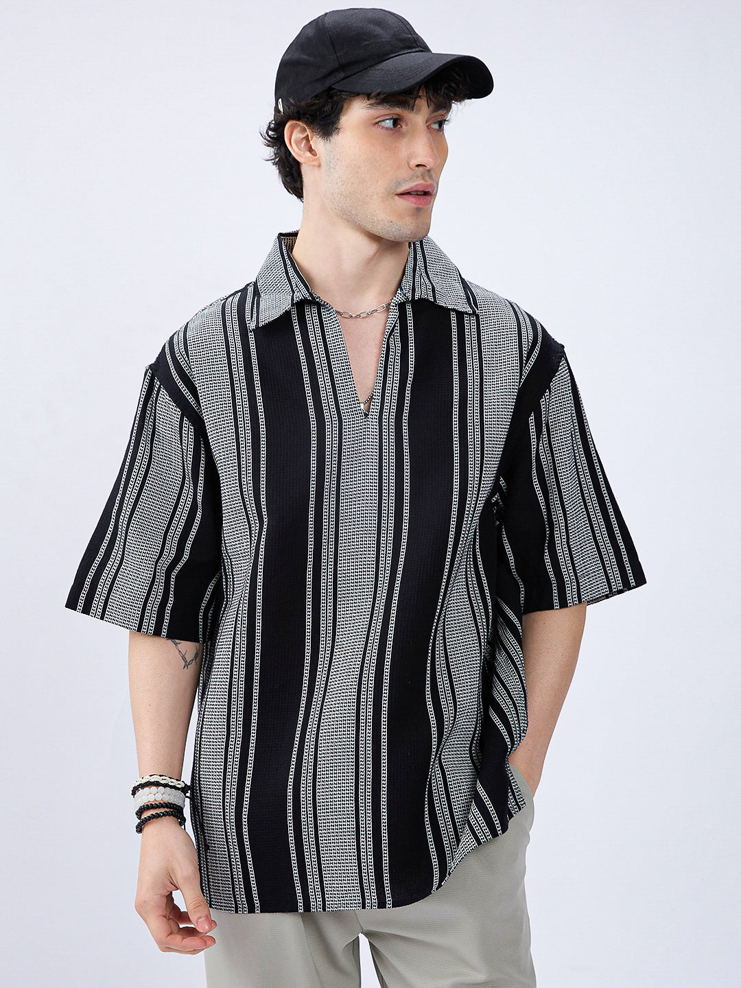 Monotone Vintage Striped Oversized Polo Shirt