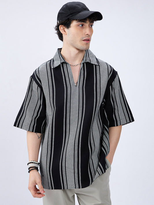 Monotone Vintage Striped Oversized Polo Shirt
