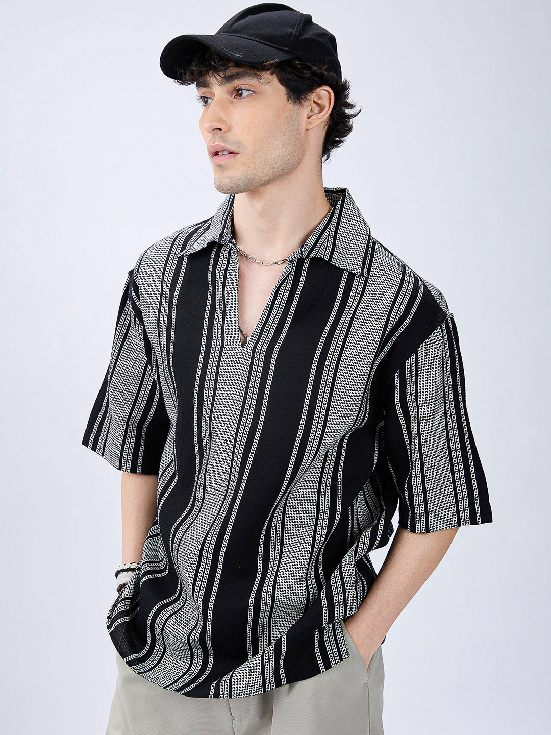Monotone Vintage Striped Oversized Polo Shirt