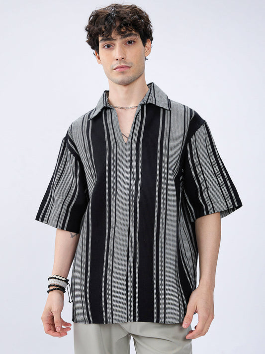 Monotone Vintage Striped Oversized Polo Shirt
