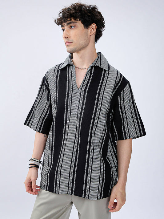 Monotone Vintage Striped Oversized Polo Shirt