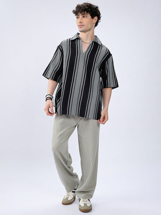 Monotone Vintage Striped Oversized Polo Shirt