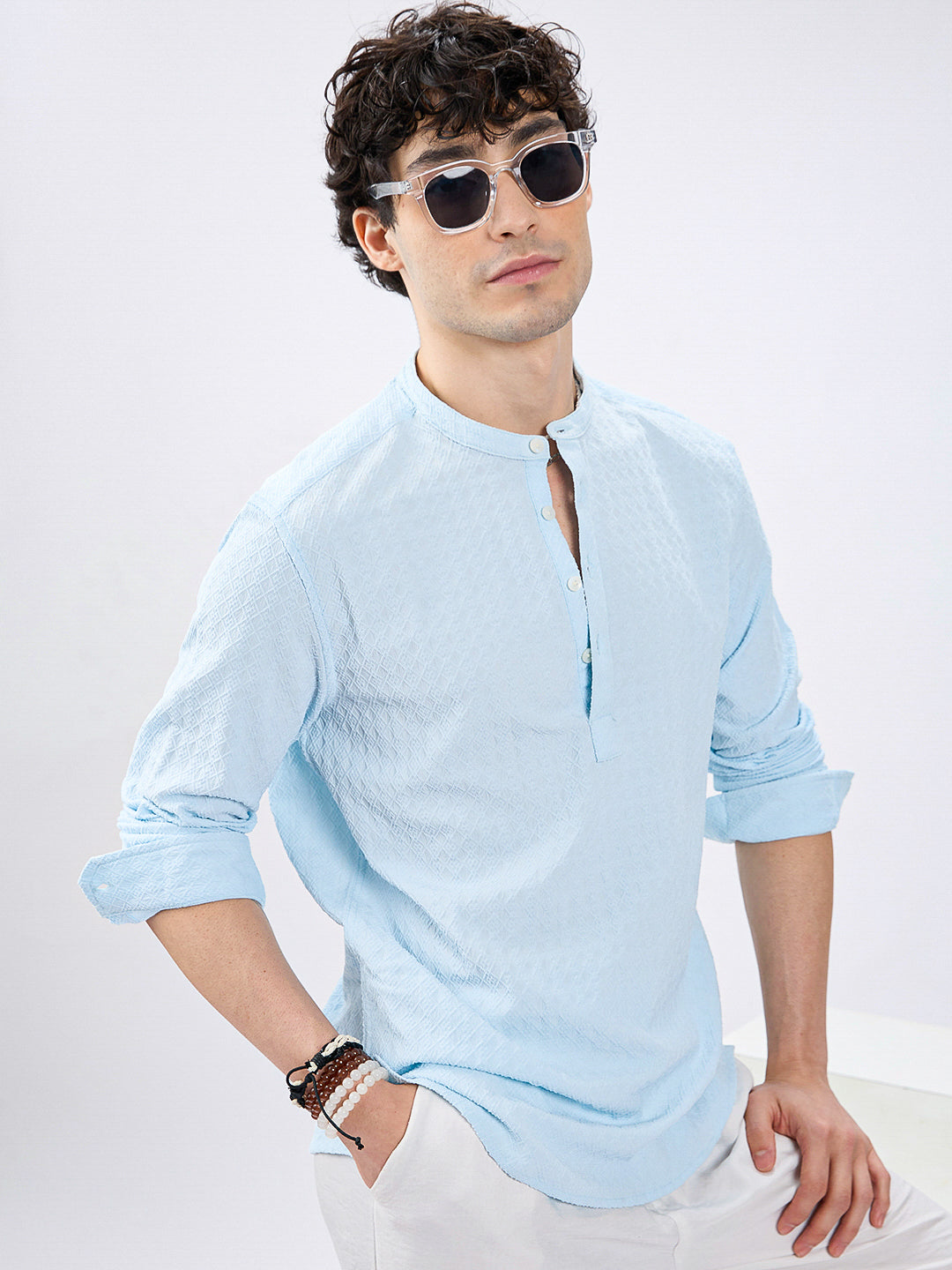 Icy Blue Diamond Weave Refined Kurta