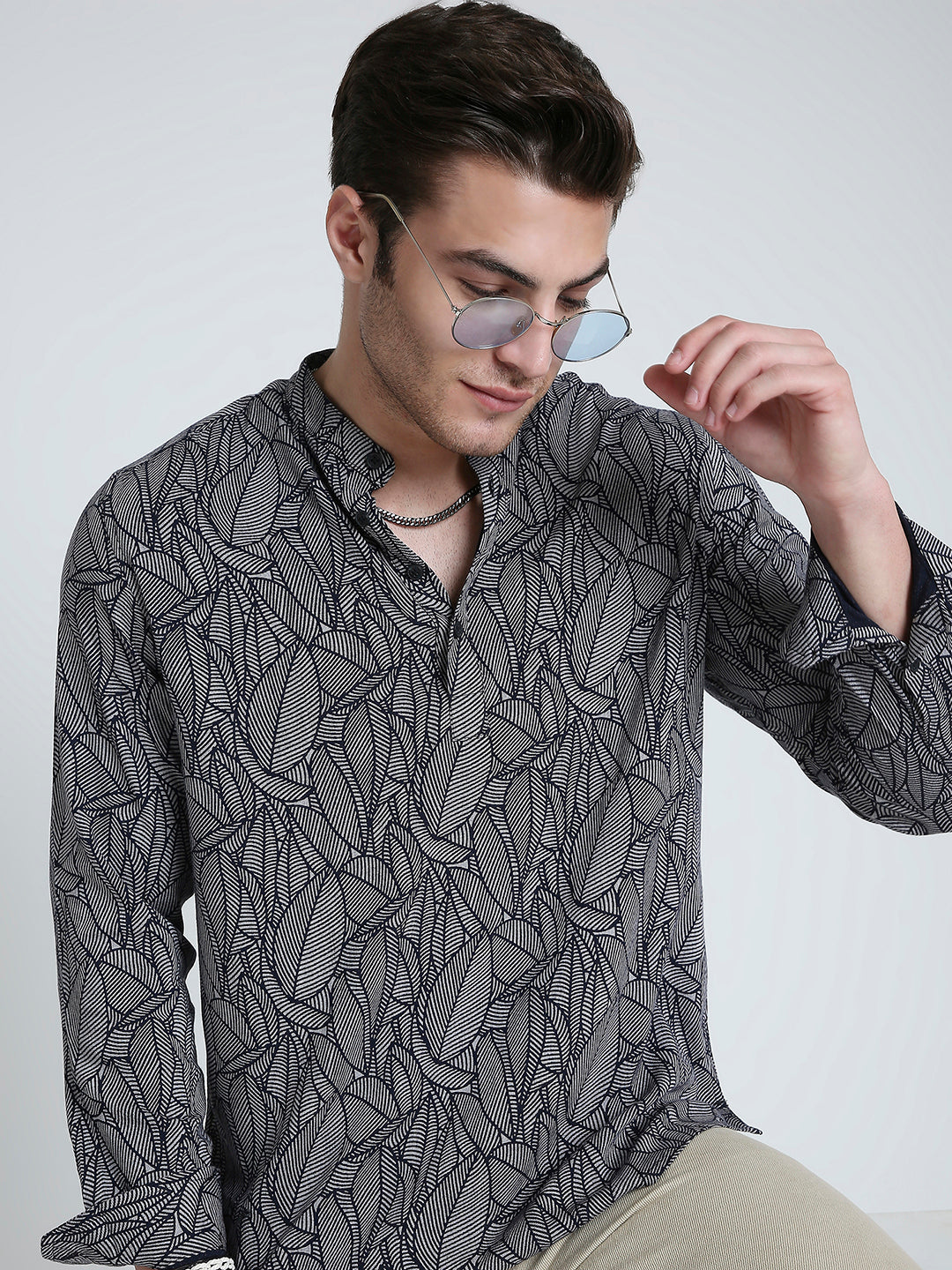 Monochrome Palm Leaf Printed Kurta
