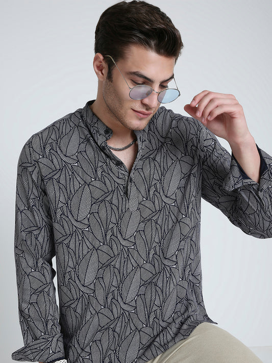 Monochrome Palm Leaf Printed Kurta