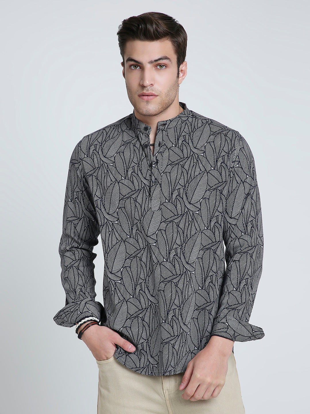 Monochrome Palm Leaf Printed Kurta