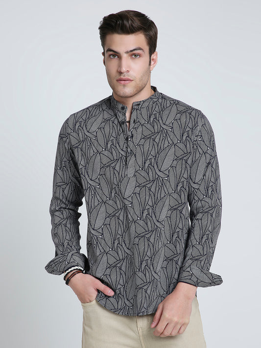Monochrome Palm Leaf Printed Kurta