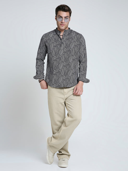 Monochrome Palm Leaf Printed Kurta