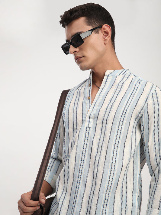 Off White & Columbia Blue Seabound Striped Kurta