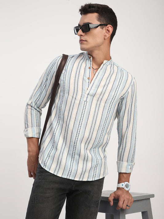 Off White & Columbia Blue Seabound Striped Kurta