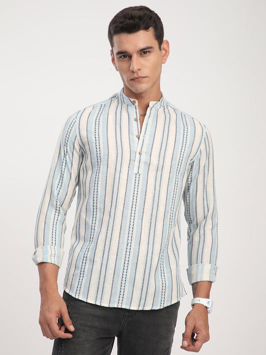 Off White & Columbia Blue Seabound Striped Kurta