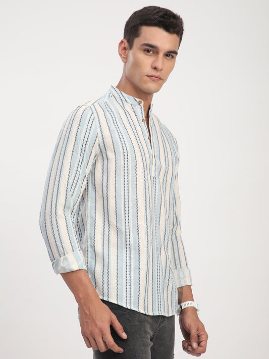 Off White & Columbia Blue Seabound Striped Kurta