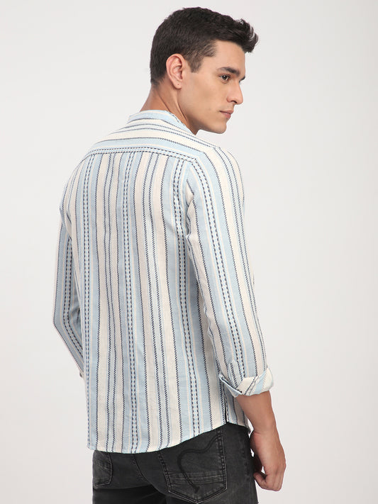 Off White & Columbia Blue Seabound Striped Kurta