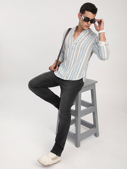 Off White & Columbia Blue Seabound Striped Kurta