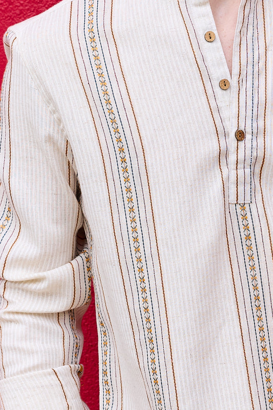 Cream Embroidered Striped Linen Kurta