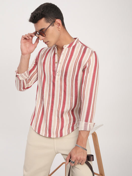 Intricate Red & Cream Striped Kurta