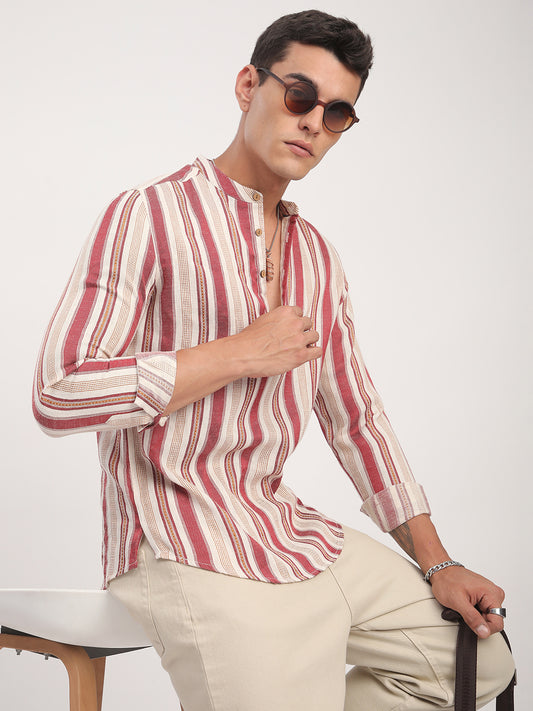 Intricate Red & Cream Striped Kurta