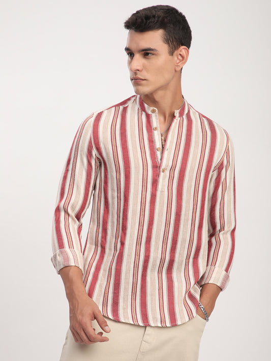 Intricate Red & Cream Striped Kurta