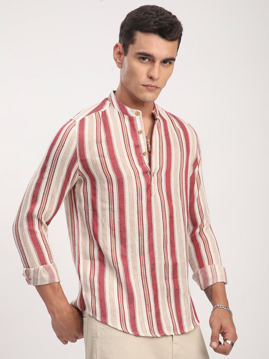 Intricate Red & Cream Striped Kurta