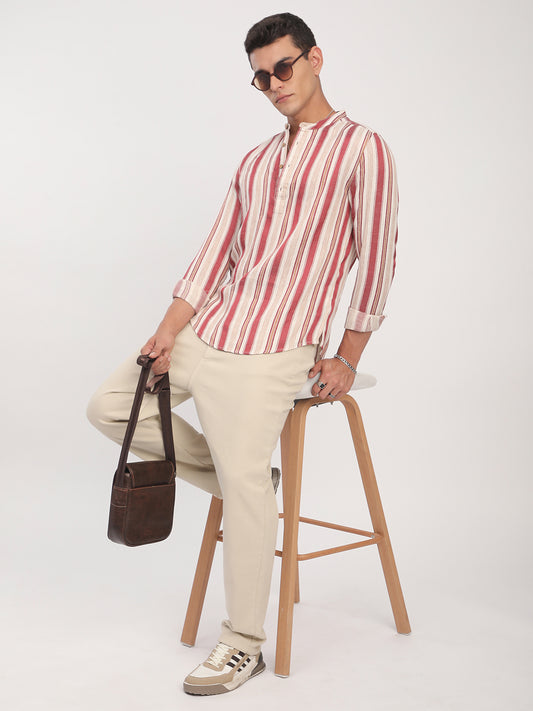 Intricate Red & Cream Striped Kurta