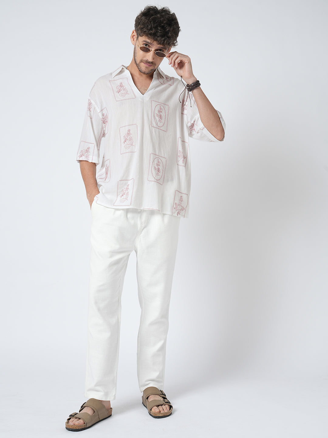 Old Rose Pink Floreal Frame Embroidery Polo Oversized Shirt