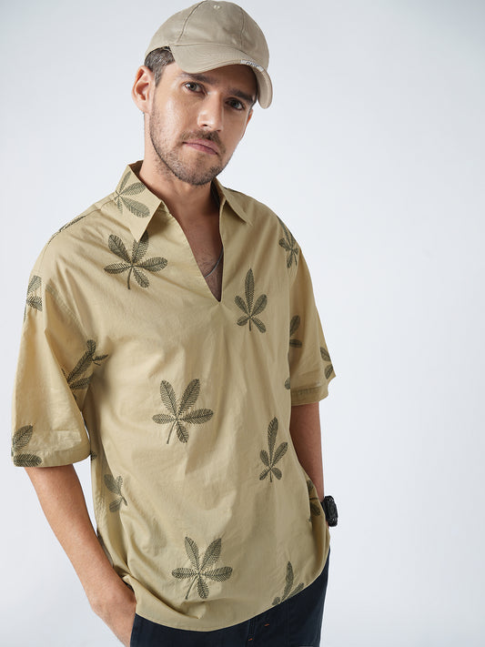 Coastal Breeze Palm Leaf Embroidered Khaki Oversized Polo Shirt