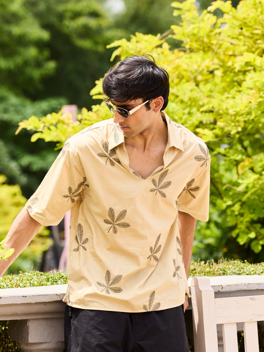 Coastal Breeze Palm Leaf Embroidered Khaki Oversized Polo Shirt