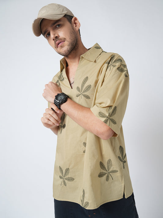 Coastal Breeze Palm Leaf Embroidered Khaki Oversized Polo Shirt