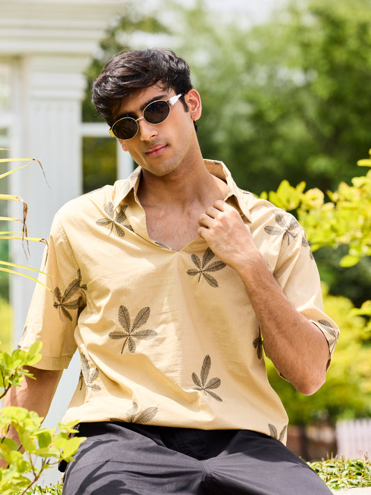 Coastal Breeze Palm Leaf Embroidered Khaki Oversized Polo Shirt