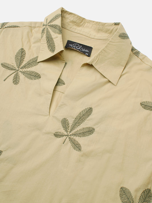 Coastal Breeze Palm Leaf Embroidered Khaki Oversized Polo Shirt