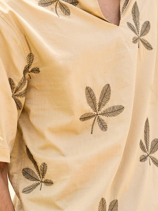 Coastal Breeze Palm Leaf Embroidered Khaki Oversized Polo Shirt
