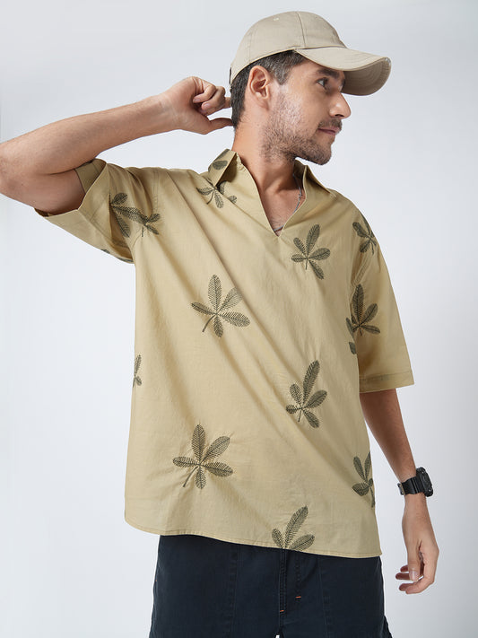 Coastal Breeze Palm Leaf Embroidered Khaki Oversized Polo Shirt