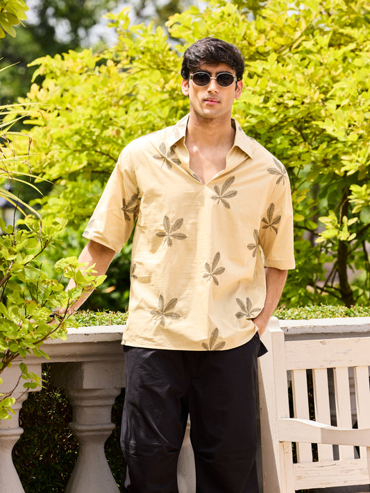 Coastal Breeze Palm Leaf Embroidered Khaki Oversized Polo Shirt