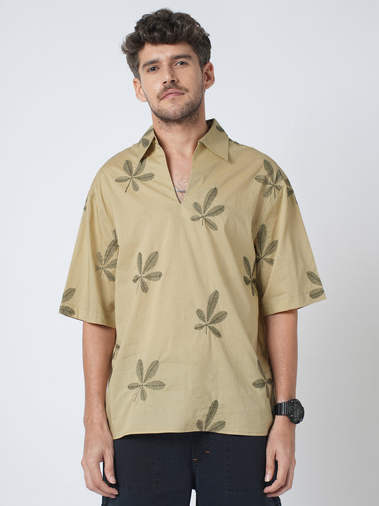 Coastal Breeze Palm Leaf Embroidered Khaki Oversized Polo Shirt