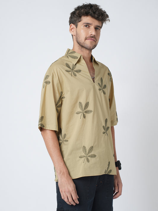 Coastal Breeze Palm Leaf Embroidered Khaki Oversized Polo Shirt