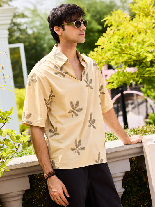 Coastal Breeze Palm Leaf Embroidered Khaki Oversized Polo Shirt