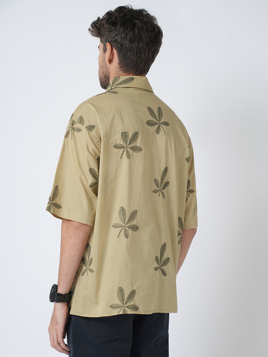 Coastal Breeze Palm Leaf Embroidered Khaki Oversized Polo Shirt