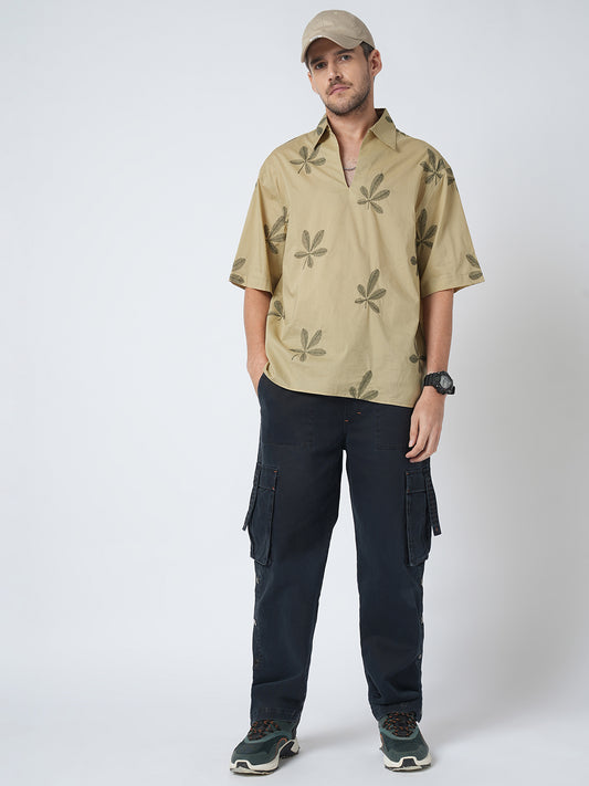 Coastal Breeze Palm Leaf Embroidered Khaki Oversized Polo Shirt