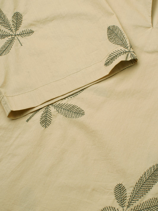 Coastal Breeze Palm Leaf Embroidered Khaki Oversized Polo Shirt