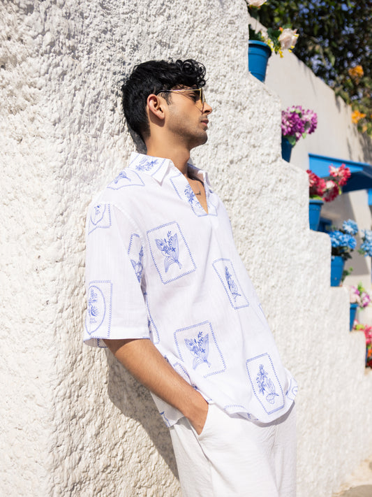 Blue Florèal Frame Embroidery Oversized Polo Shirt