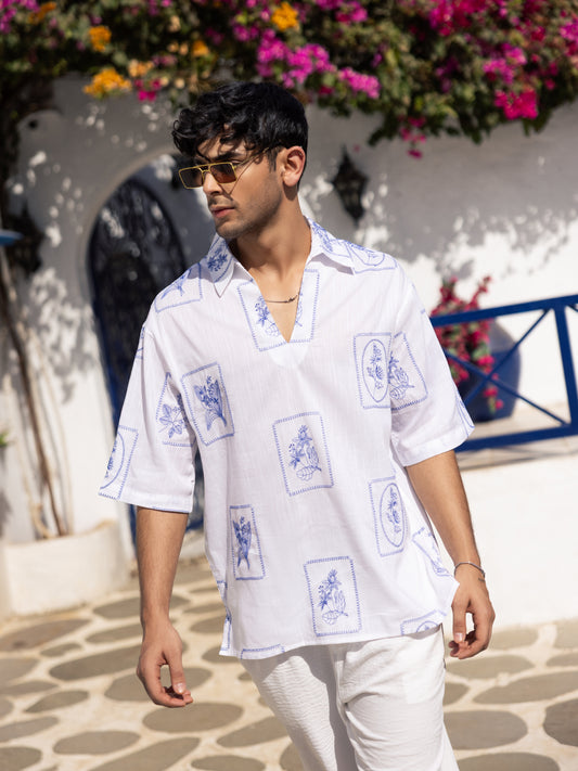 Blue Florèal Frame Embroidery Oversized Polo Shirt