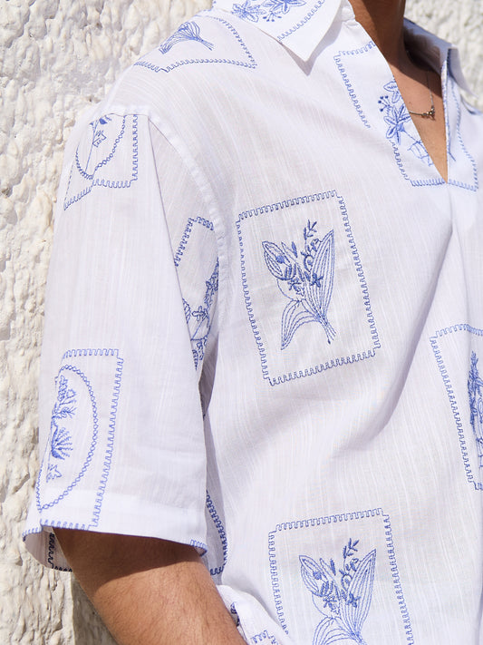 Blue Florèal Frame Embroidery Oversized Polo Shirt