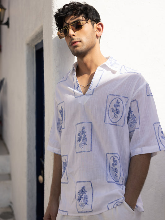 Blue Florèal Frame Embroidery Oversized Polo Shirt