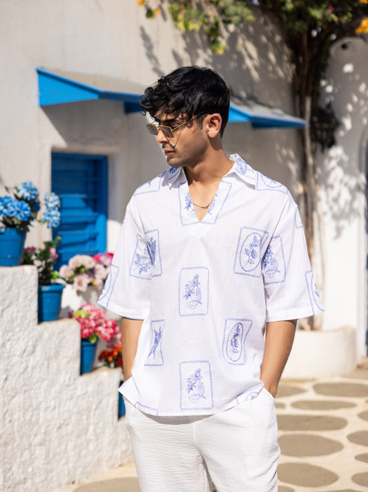 Blue Florèal Frame Embroidery Oversized Polo Shirt