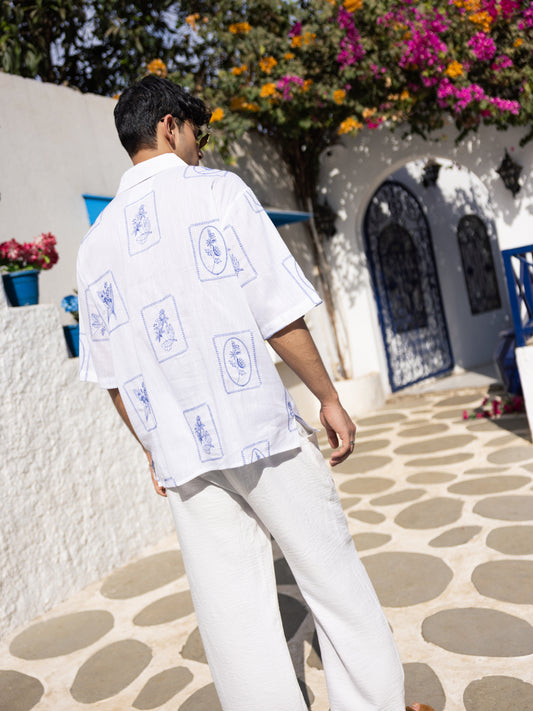 Blue Florèal Frame Embroidery Oversized Polo Shirt