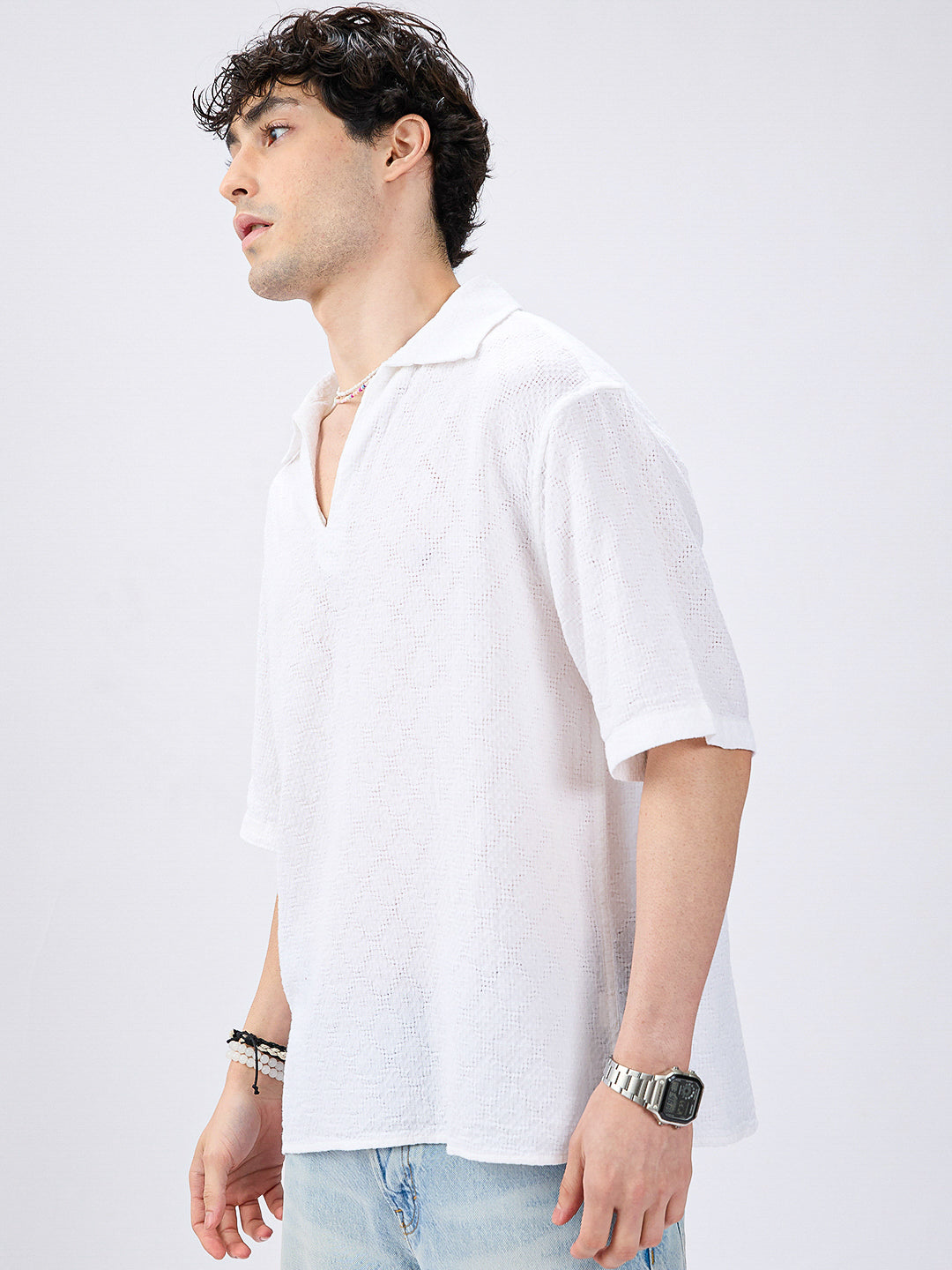 White Artisan Loop Weave Crochet Oversized Polo shirt