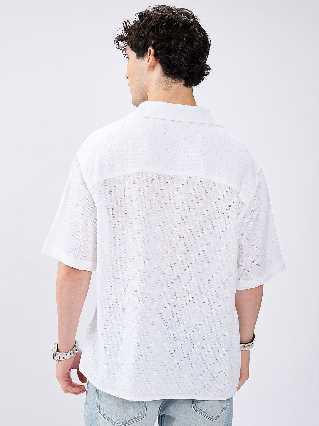 White Artisan Loop Weave Crochet Oversized Polo shirt