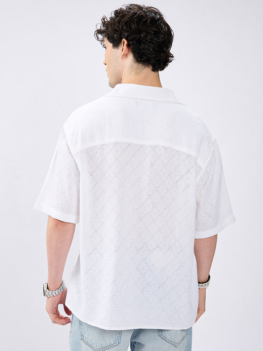 White Artisan Loop Weave Crochet Oversized Polo shirt